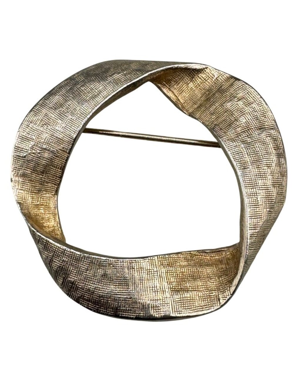 Vintage Accessocraft N.Y.C. Circle Brooch Textured Gold Tone Ribbon Signed 1.5"